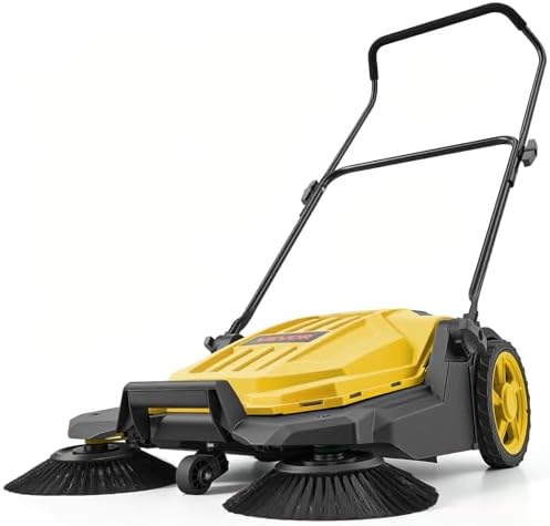VEVOR Walk-Behind Hand Push Floor Sweeper, Manual Floor Sweeper Non-Electric with 25.6" Sweeping Width, 5 Gallons Waste Container & Adjustable Folding Handle for Yards Walkways Patios Garages - Yellow