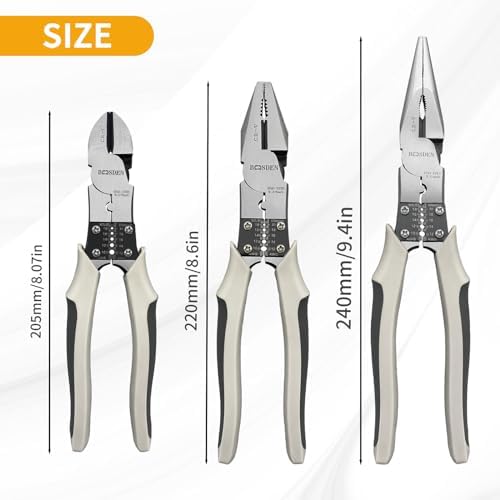 BOOSDEN 8 inch Pliers Set 3 Pcs, Linesman, Wire Cutters, Needle Nose Pliers