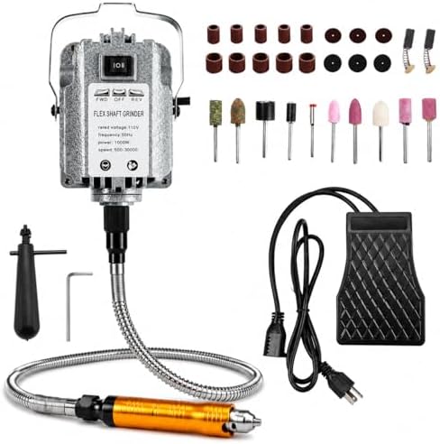 1000W Flex Shaft Grinder, 30000RPM Flex Shaft Rotary Tool with Foot Pedal, Variable Speed Hanging Carver, Metal Flex Shaft, Forward/Reverse for Jewelry Wood Metal