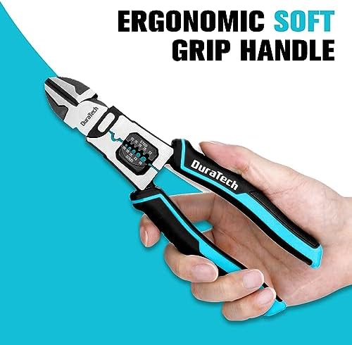 DURATECH 4-in-1 Diagonal Cutting Pliers, 8" Multifunction Heavy Duty Side-Cutting Pliers with Wire Stripper, Wire Cutters with Ergonomic Handle for Electricians and Homes