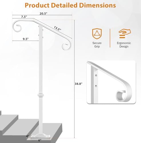 Handrail Railing, Single Post Handrail Fits 1 or 2 Steps, Sturdy Outdoor Stair Railing for Concrete&Wooden Steps with Base, Wrought Iron Stair Handrails, Grab Rail for Steps Porch, White | 38.8" Handrail Railing for Concrete&Wooden Steps with Base, Gra...
