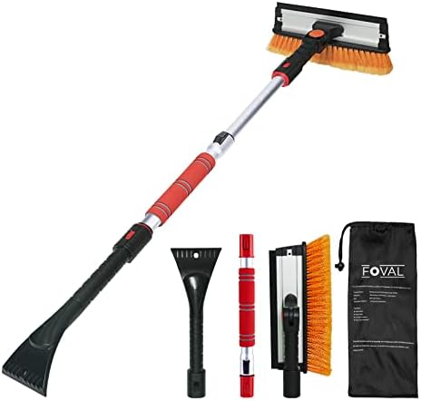 FOVAL 47.2" Extendable Ice Scraper Snow Brush with Squeegee for Windshield Window Car Trucks SUVs, 270° Pivoting Brush Head, Essential Winter Tool Ice Snow Remover with Comfortable Foam Grip
