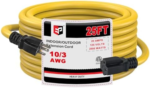 EP 25 Ft 10/3 SJTW NEMA 5-20 P/R Outdoor Extension Cord, Yellow
