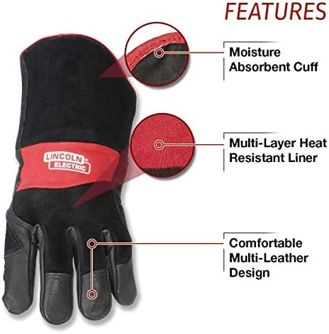 Lincoln Electric Premium Leather MIG Stick Welding Gloves | Heat Resistance & Dexterity| Large | K2980-L, Black, Red