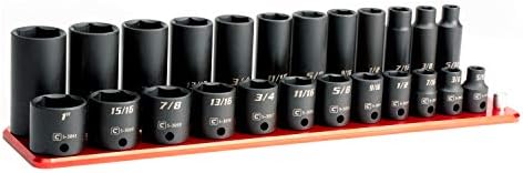 Capri Tools 3/8-Inch Drive Shallow and Deep Impact Socket Set, SAE, 5/16 to 1 in., Premium Chrome Molybdenum Steel, 24-Piece with Billet Aluminum Socket Rail