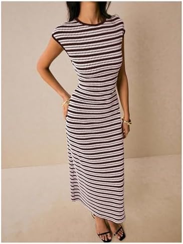SOLY HUX Women's Striped Midi Dress Casual Work Knit Bodycon Summer Dresses
