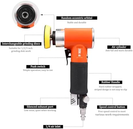 2/3 inch Mini Orbital Sander Pneumatic Palm da sander Air Polisher Super Smooth and Swirl Freely for Auto Body Work Wood working with 20 PCS Sanding Discs,orange