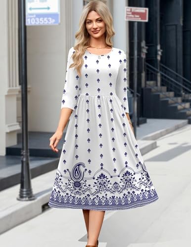 Zeagoo 3/4 Sleeve Women's Dress Casual Aline Summer Fall Midi Long Dresses