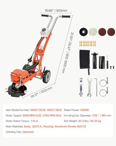 VEVOR Electric Concrete Grinder, 1400W 3600 RPM, Walk Behind Floor Polisher
