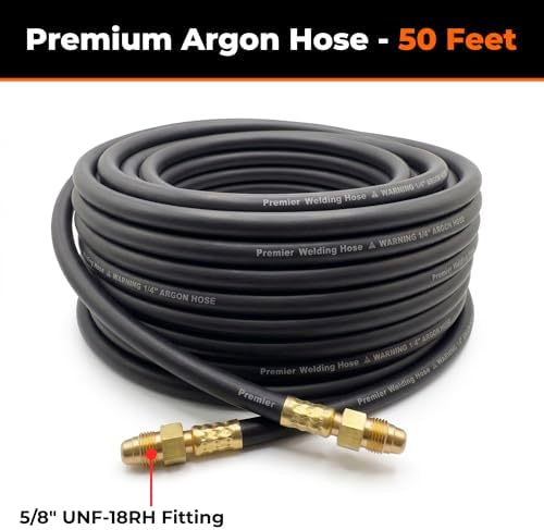 50 ft Argon Inert Gas Welding Hose – 5/8" UNF-18RH Fittings Both Ends – Flexible Rubber Flow Hose for Argon, CO2 and Helium MIG TIG Welding