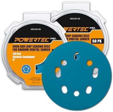 POWERTEC PRO 100PK, 5 Inch Sanding Discs Hook and Loop, 120 Grit, Ceramic Orbital Sander Sandpaper for 5 & 8 Hole Random Orbital Sanders - Automotive, Paint, Metal, Woodworking (45312C-50-P2)