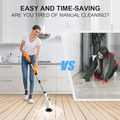 Electric Spin Scrubber, Cordless Cleaning Brush with 9 Replaceable Heads, 90 mins Work time 3 Adjustable Retractable Handle 2 Speeds Power Shower Scrubberr for Cleaning Bathroom,Floor,Tub,Kitchen