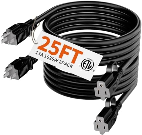 HUANCHAIN 2 Pack Indoor Outdoor Black Extension Cord 25 FT 16/3 Gauge