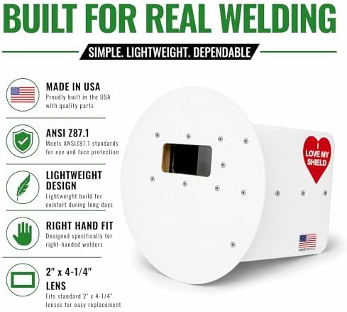 White Pancake Welding Hood Right Handed, 2" x 4-1/4" Lens Welding Shield, ANSI Z87.1, Lightweight Low Profile