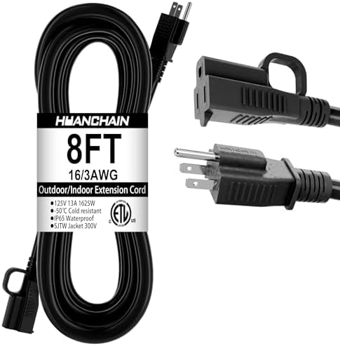 HUANCHAIN Indoor Outdoor Black Extension Cord 8 FT Waterproof 16/3 Gauge