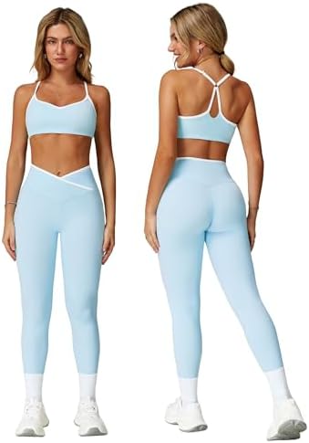 ABOCIW Workout Sets for Women 2 Piece Color Block Strappy Sports Bra High Waist Shorts Gym Yoga Pilates Outfits