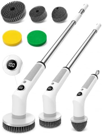 2026 Electric Spin Scrubber, Upgraded 4000mAh Powerful 2-Speed Shower Scrubber with Long-Standby Wrok, IPX7 Waterproof Adjustable Pole with 5 Replacement Heads for Bathroom Bathtub Kitchen Cleaning
