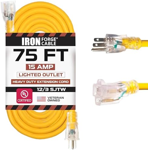 Iron Forge Cable 12 Gauge Heavy Duty Extension Cord, 75 Ft - Yellow SJTW