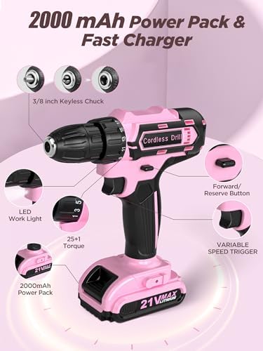 Cordless Drill Set 220 Pcs, 21V Power Drill with Tool Kit, Storage Bag, Electric Drills for Women, Precision Screwdriver set, Magnetic Tool Belt, Hand ToolBox, Drills Brush, Valentine's Day Gifts