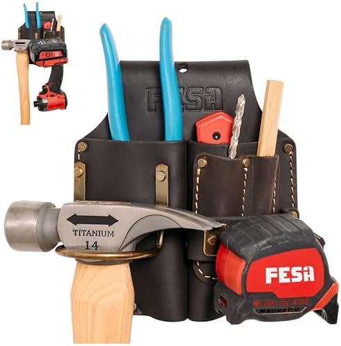 FESA Durable Leather Pliers Holster - Leather Double Plier Holder for Belt with Steel Hammer Holder, Tape Clip & 2 Carpenter's Pencil Pockets - Clip On Any Belt - Handcrafted