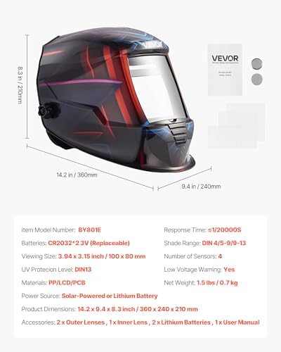 VEVOR Welding Helmet Auto Darkening True Color, 3.94" x 3.15" Welding Hood Solar-Powered, Welder Mask with 4 Arc Sensors, Wide Shade 4/5-9/9-13 for TIG MIG ARC Weld Cut Grinding - METIS Series