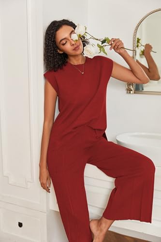 Ekouaer Lounge Sets for Women Two Piece Outfits Knit Cap Sleeve Tops Wide Leg Pleated Pants Casual Dressy Sweater Sets