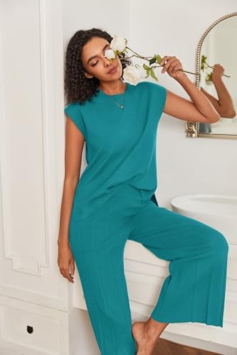 Ekouaer Lounge Sets for Women Two Piece Outfits Knit Cap Sleeve Tops Wide Leg Pleated Pants Casual Dressy Sweater Sets