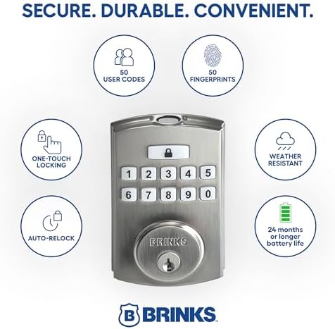 Brinks Fingerprint Door Lock with Lever – Keyless Entry Biometric Lock, Electronic Keypad Fingerprint Deadbolt with Auto-Locking, Front Door Lock and Interior Lever Set, Satin Nickel