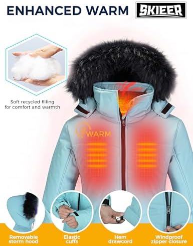 Skieer Women's Ski Jacket Waterproof Warm Puffer Thick Hooded Winter Coat