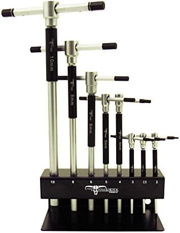 Pit Posse 8pc Metric T-Handle Hex Allen Key Wrench Tool Set - 3-Way Rotating Spinning Sleeve for Fast Spin Action - Includes Storage Rack - Made of High Carbon Steel - Auto Bike Moto Bicycle