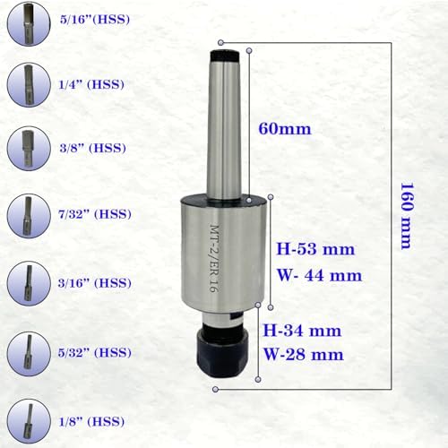 MachEl MT2 Shank Rotary Broach with ER16 Adaptor & Set of 7 Hex Broaches for Versatile Machining Applications