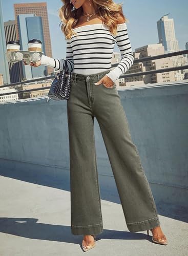 Dokotoo Women's Casual High Waisted Jeans Stretch Wide Leg Loose Denim Pant