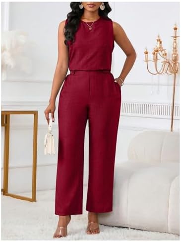 Floerns Women's 2 Piece Sets Dressy Outfits Bussiness casual Crew Neck Sleeveless Blouse and Elegant Pants Set