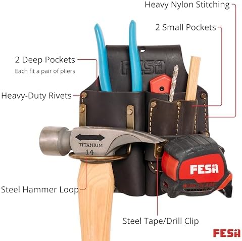 FESA Durable Leather Pliers Holster - Leather Double Plier Holder for Belt with Steel Hammer Holder, Tape Clip & 2 Carpenter's Pencil Pockets - Clip On Any Belt - Handcrafted