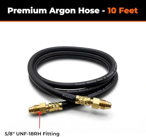 10 ft Argon Inert Gas Welding Hose – 5/8" UNF-18RH Fittings Both Ends – Flexible Rubber Flow Hose for Argon, CO2 and Helium MIG TIG Welding