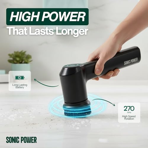 SonicPower Electric Spin Scrubber – Handheld & Ergonomic, IPX7 Waterproof, 4 Multi-Purpose Brush Heads, Long-Lasting Rechargeable Battery – Cleans Dishes, Bathroom, Tile, Grout & Kitchen (Black)