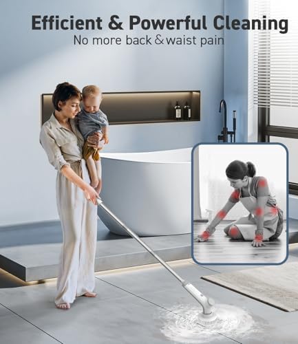 VEWIOR Electric Spin Scrubber with 3 Replacement Brushes, Cordless Shower Scrubber with Adjustable Handle and Power Dual Speed for Bathroom Tub Tile Grout