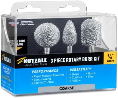 Kutzall 3-Piece Rotary Burr Kit - 1⁄4" Shaft, Coarse - Wood Carving Bits for Bosch, DeWalt, Milwaukee Tools - Structured Tungsten Carbide