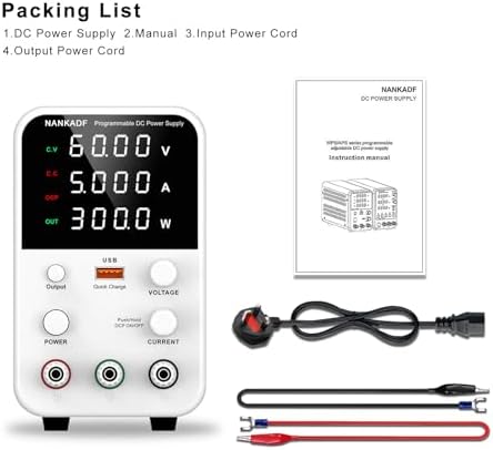 DC Power Supply Variable, Bench Power Supply with Encoder Adjustment Knob, Output Enable/Disable Button, Adjustable Power Supplies with USB Quick-Charge, Short Circuit Alam (60V 5A White)