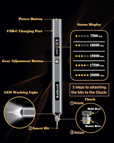 Kaibced Cordless Engraving Pen with 48 Kits & LED Screen, 5-Speed Engraver Pen for Metal, Wood, Glass, Plastic & All Materials, USB Rechargeable Craft Gift for Teens, Adults and Beginners, Metallic