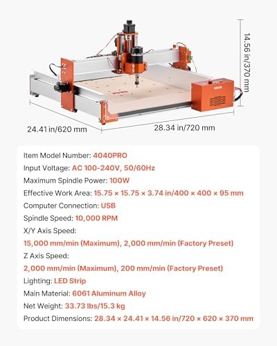 VEVOR CNC Router Machine, 100W Spindle, 3-Axis Wood Engraving Milling Machine, with 15.75 x 15.75 x 3.74 in Working Area, Linear Rail, Aluminum Alloy Structure, for Wood Acrylic Carving Cutting