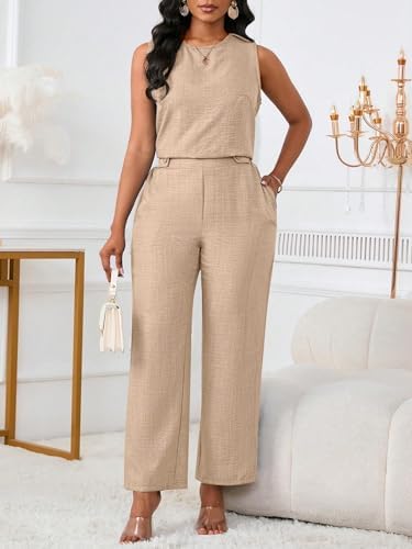 Floerns Women's 2 Piece Sets Dressy Outfits Bussiness casual Crew Neck Sleeveless Blouse and Elegant Pants Set