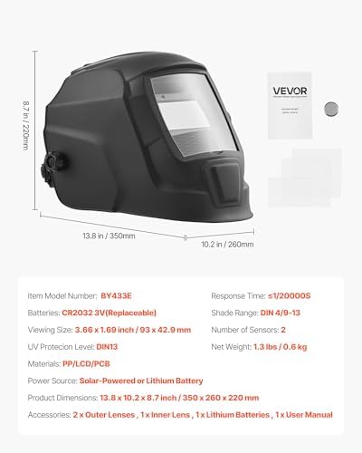 VEVOR Welding Helmet Auto Darkening, 3.66" x 1.69" True Color Welding Hood, Solar Powered Welder Mask 2 Arc Sensors, Shade 4/9-13 for TIG MIG ARC Weld Grinding - CRIUS Series (Matte Black)