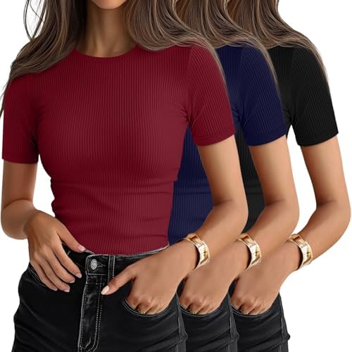 Ficerd 3 Pack Women's Ribbed Short Sleeve T-Shirts