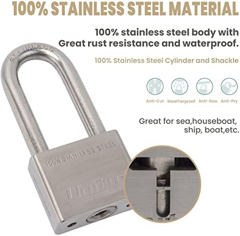 Unity Marine Padlock Keyed Alike 100% Stainless Steel Weatherproof for Sea, Boat, Port, Gate, Anti-Pick (2, 50mm Long Shackle)