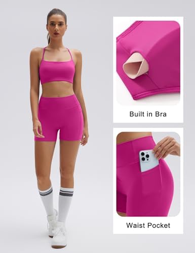SUUKSESS Women 2 Piece Workout Sets Padded Halter Sports Bras High Waisted Biker Shorts with Pockets