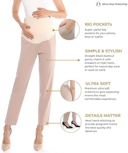 Maternity Pants Work Over The Belly with Pockets, Womens Pregnancy Dress Pants Office Clothes Trousers Stretch Summer