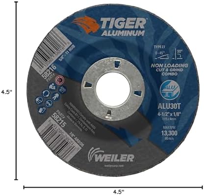 Weiler 58215 4-1/2 x 1/8 Tiger Aluminum Type 27 Cut Off/Grind Combo Wheel ALU30T 7/8 A.H. (Pack of 25)