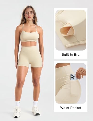 SUUKSESS Women 2 Piece Workout Sets Padded Halter Sports Bras High Waisted Biker Shorts with Pockets
