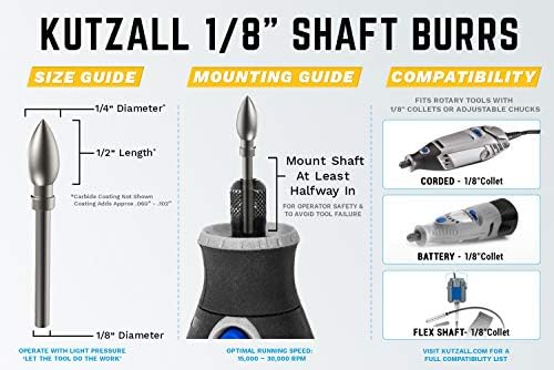 Kutzall 4-Piece Rotary Burr Kit - 1⁄8" Shaft, Fine - Wood Carving Bits for Dremel, Foredom, Ryobi, DeWalt, Milwaukee Tools - Structured Tungsten Carbide
